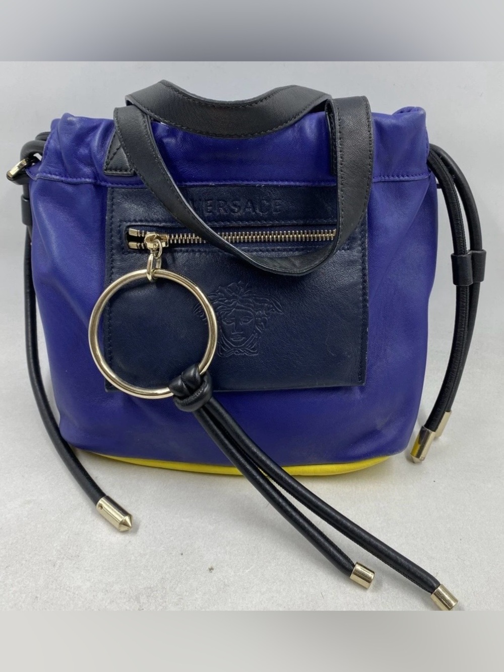 Versace Purple & Yellow Leather Bucket Drawstring Bag | Auth